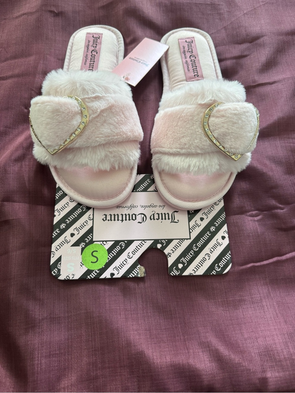 Juicy Couture Women’s Pink Fuzzy Rhinestone Heart Slide Slippers Sandals